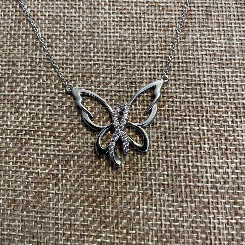 Silver Butterfly Breast Cancer Pendant Necklace